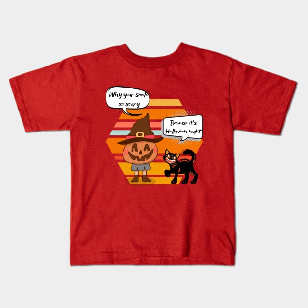Pumpkin and Black Cat Scary Halloween Kids T-Shirt by O.M design
